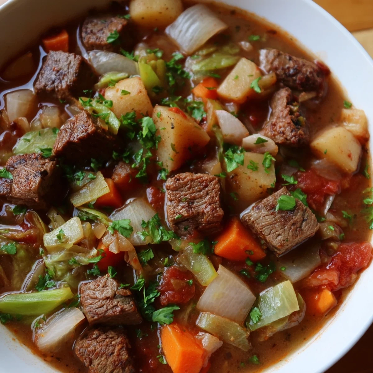 A top-down view of a ladle serving St. Patrick's Day Cabbage and Beef Soup into a ceramic bowl, revealing colorful carrots, celery, and fresh parsley garnish on the steaming surface.