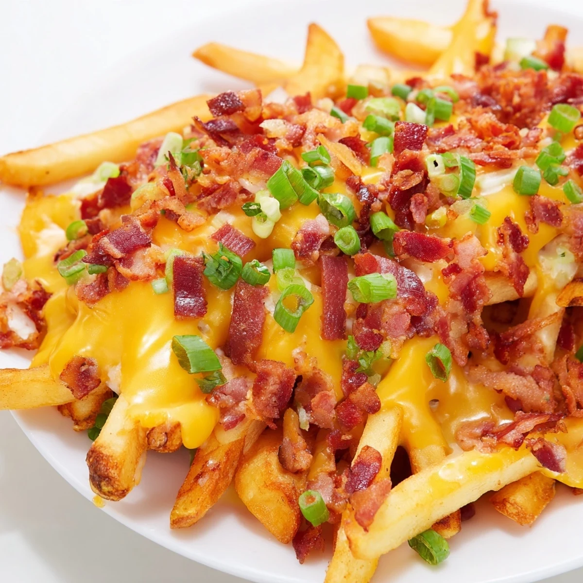 Crispy golden fries topped with melted cheddar and crispy beef bacon, finished with fresh green onions for a game day snack.