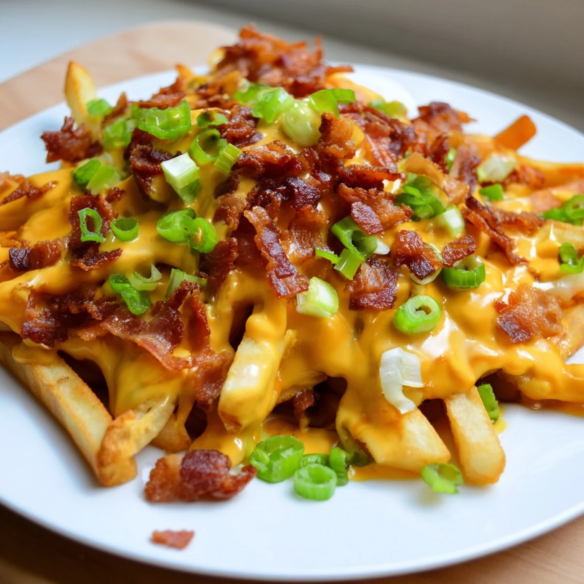 Super Bowl cheese fries piled high with savory beef bacon, sharp cheddar, and jalapeños, served hot from the oven.