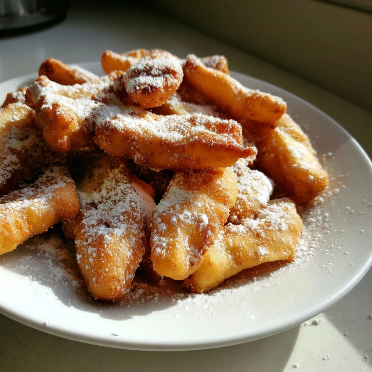 Golden, powdered sugar-dusted New Orleans beignet fries piled high on a rustic plate.