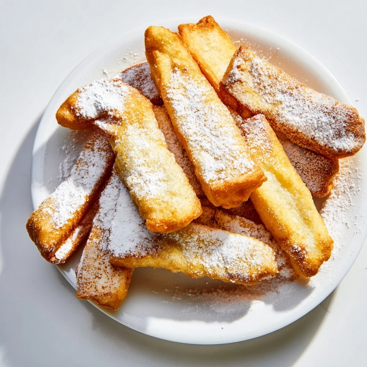 Stack of warm New Orleans beignet fries with a dusting of powdered sugar on a plate.