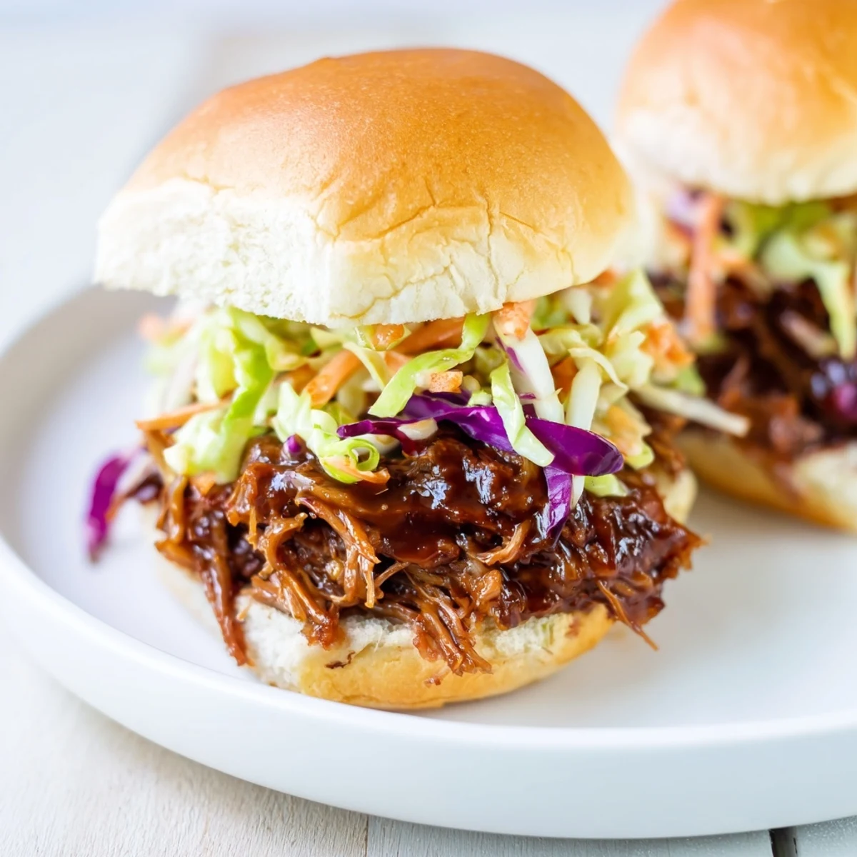 Freshly shredded Tailgate Pulled Beef Sliders stacked high on soft buns with tangy coleslaw and drizzled with smoky barbecue sauce.