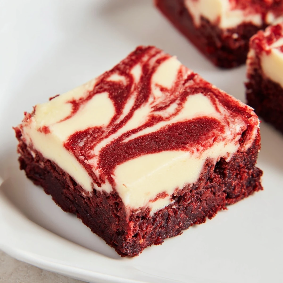 Freshly baked Red Velvet Brownies with Cheesecake Swirl on a white plate, showcasing the vibrant red crumb and creamy white swirls.