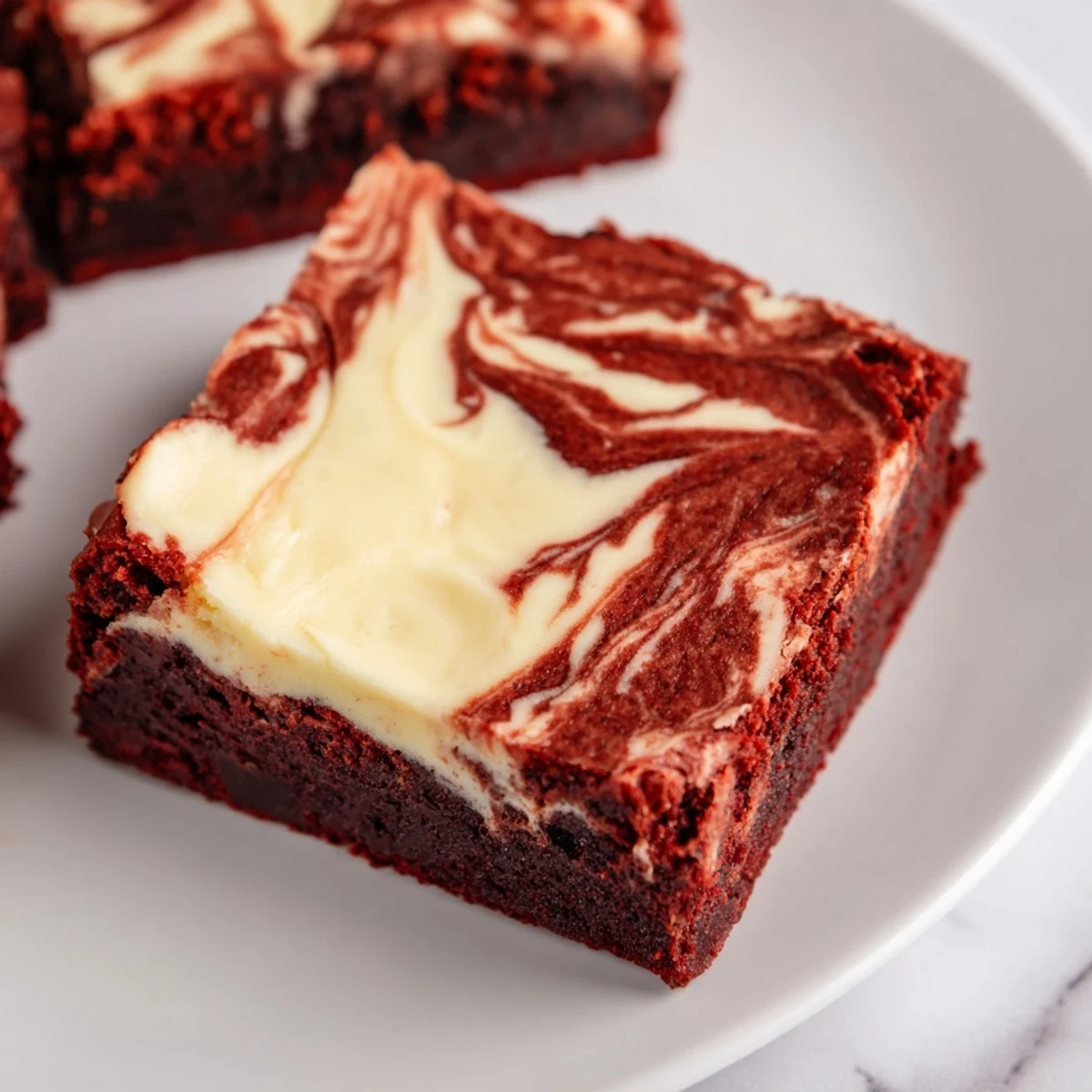 A slice of Red Velvet Brownies with Cheesecake Swirl reveals a moist, fudgy interior and rich cream cheese marbling on a wooden board.