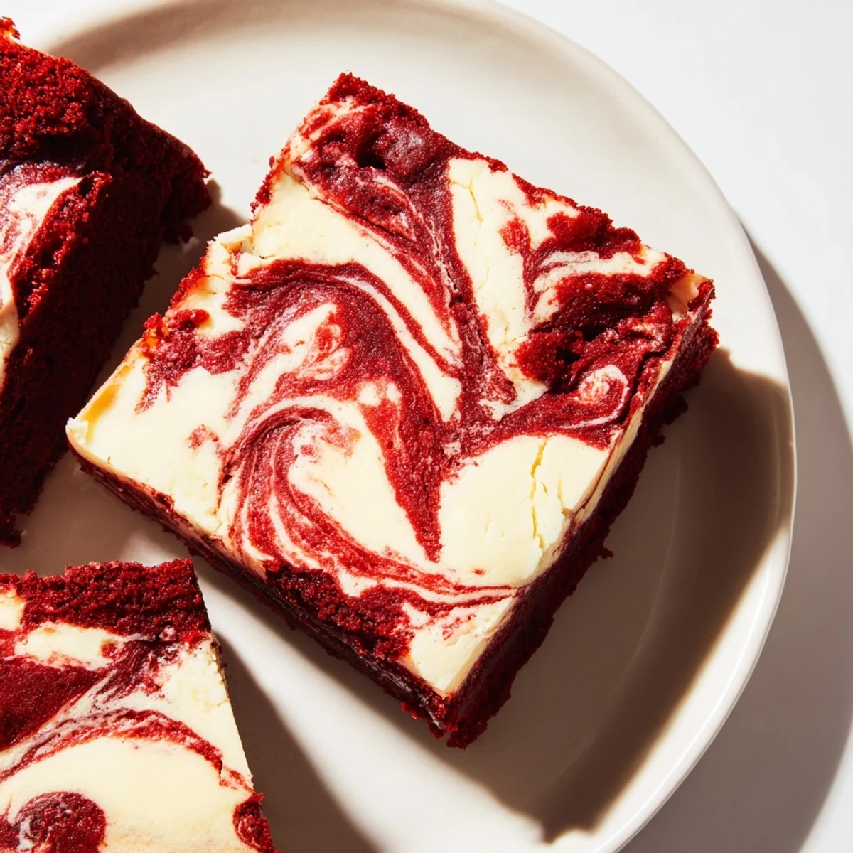 Decadent Red Velvet Brownies with Cheesecake Swirl topped with a dusting of powdered sugar, served alongside a cold glass of milk.
