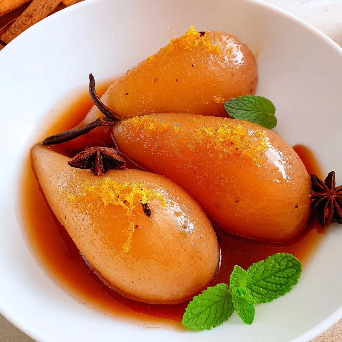 Tender Bosc pear halves are simmering in a warm, spiced grape juice syrup inside a saucepan. 
