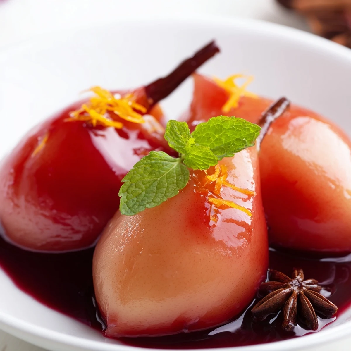 Luscious Romantic Poached Pears in Grape Juice drizzled with syrup and paired with vanilla ice cream.