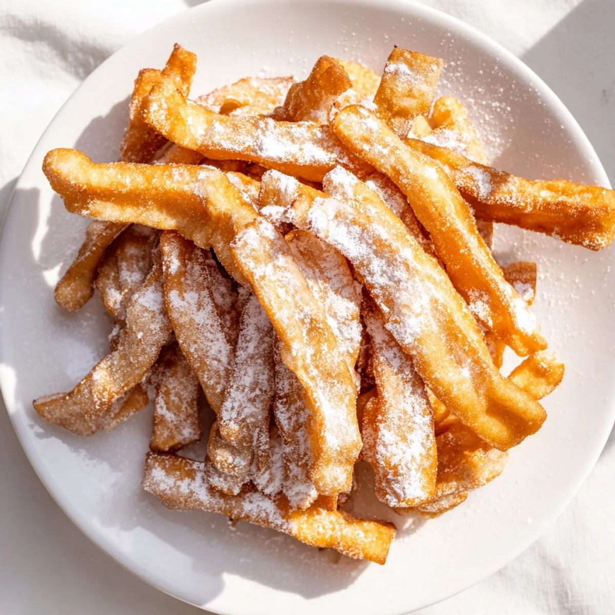 Light, pillowy fried dough strips dusted with sweet powdered sugar, reminiscent of classic French Market beignets.