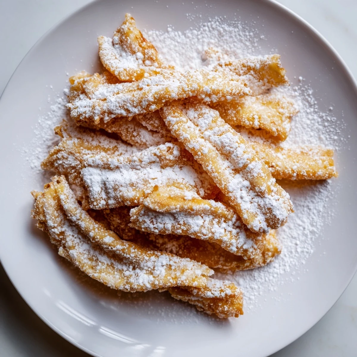 Golden, crispy New Orleans beignet fries coated in powdered sugar, served warm on a rustic plate.