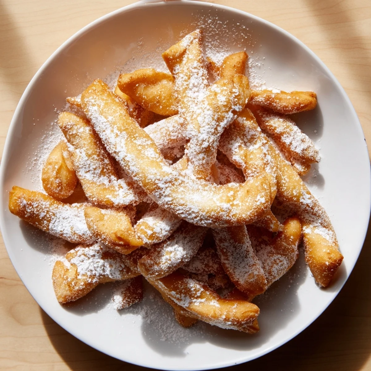 Freshly fried beignet fries with a sweet coating, arranged on parchment with a cup of coffee nearby.