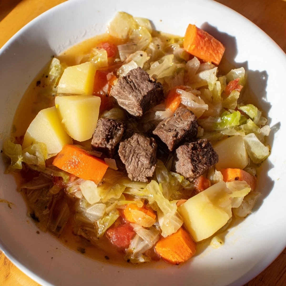 Steaming bowl of St. Patricks Day Cabbage and Beef Soup packed with tender beef, carrots, and potatoes.