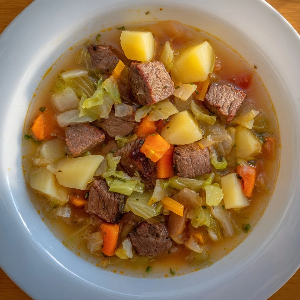 St. Patricks Day Cabbage and Beef Soup served in a rustic mug beside crusty Irish soda bread.