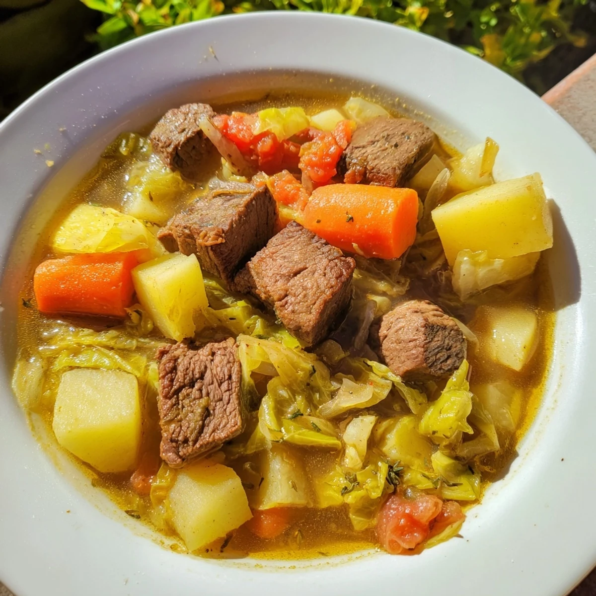 Hearty St. Patricks Day Cabbage and Beef Soup featuring chopped green cabbage and tomatoes in rich broth.