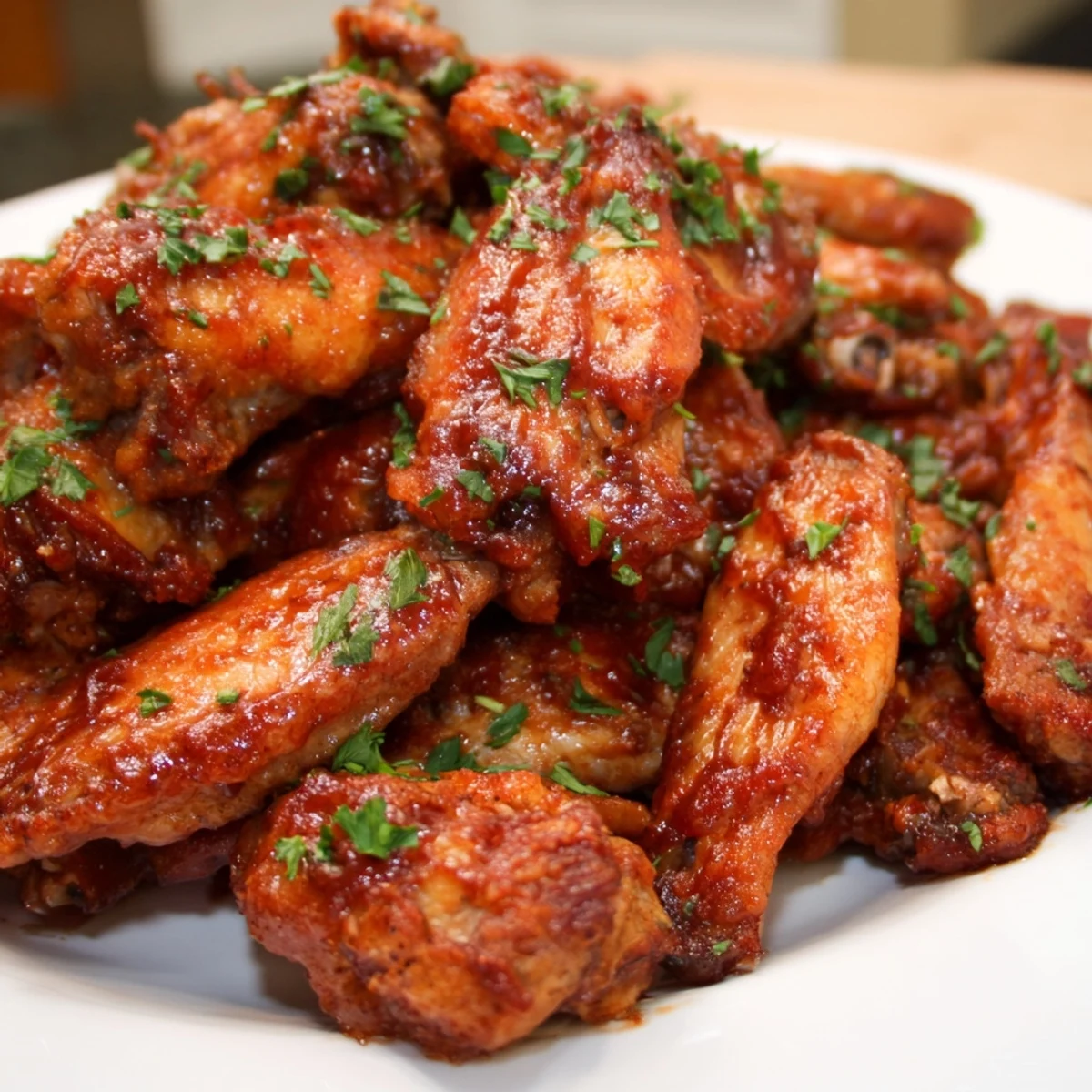 Homemade Big Game Wing Platter with glossy, tangy BBQ sauce and fresh parsley garnish.