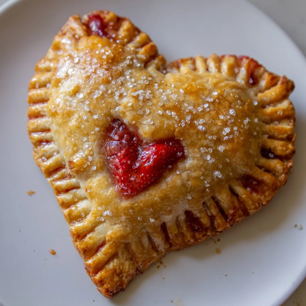 Eight perfectly sealed Sweetheart Strawberry Hand Pies, sprinkled with coarse sugar, resting beside fresh strawberries and a cup of tea.