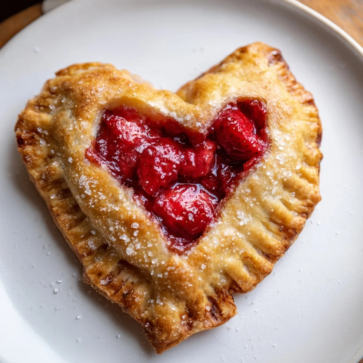 Freshly baked Sweetheart Strawberry Hand Pies, golden and flaky, filled with bubbly red fruit and served warm on a rustic wooden board.