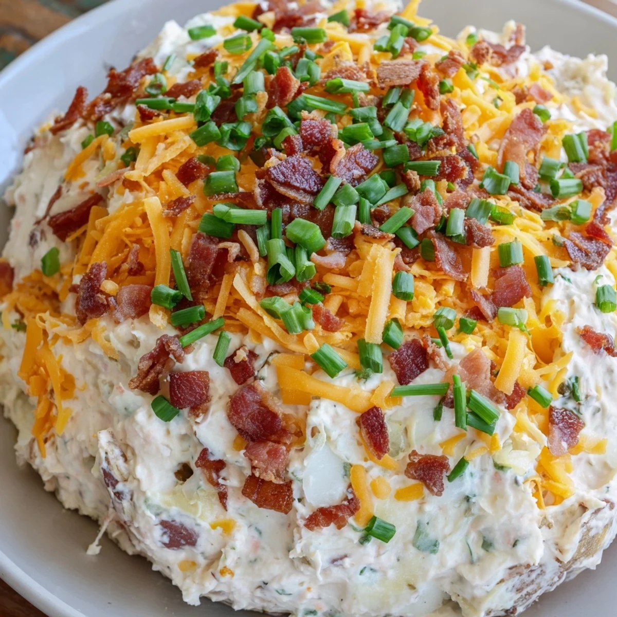 A scoop of Super Bowl Loaded Baked Potato Dip with waffle fries and potato chips on a platter.
