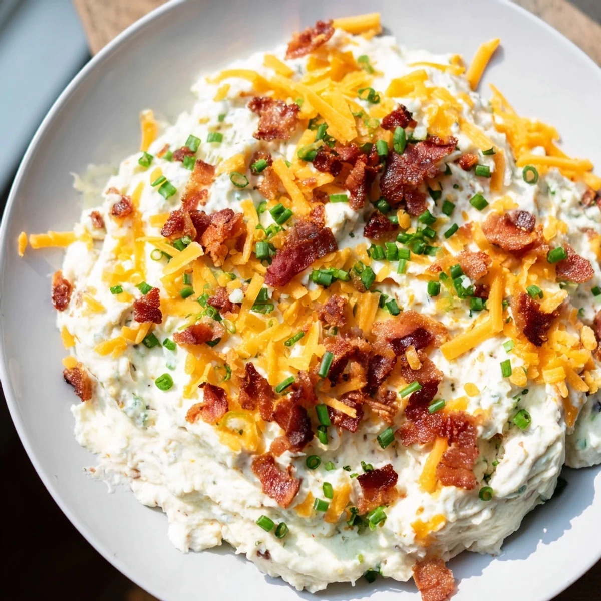 Creamy Super Bowl Loaded Baked Potato Dip topped with bacon, cheddar, and chives in a rustic serving bowl.