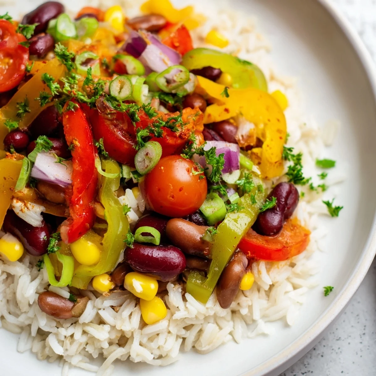 Hearty Mardi Gras Veggie Rice Bowl topped with black beans, corn, and fresh parsley garnish.