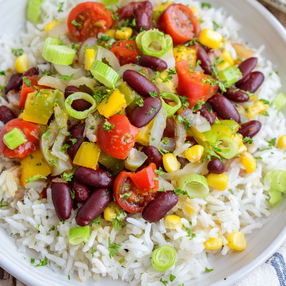 Colorful Mardi Gras Veggie Rice Bowl with bell peppers, onions, and a dash of hot sauce.