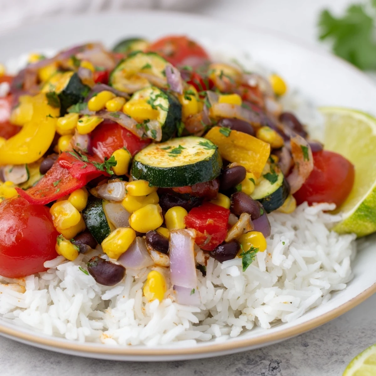 A top-down view of a vibrant veggie rice bowl with Cajun spices, featuring colorful peppers, zucchini, black beans, corn, and fresh cilantro.