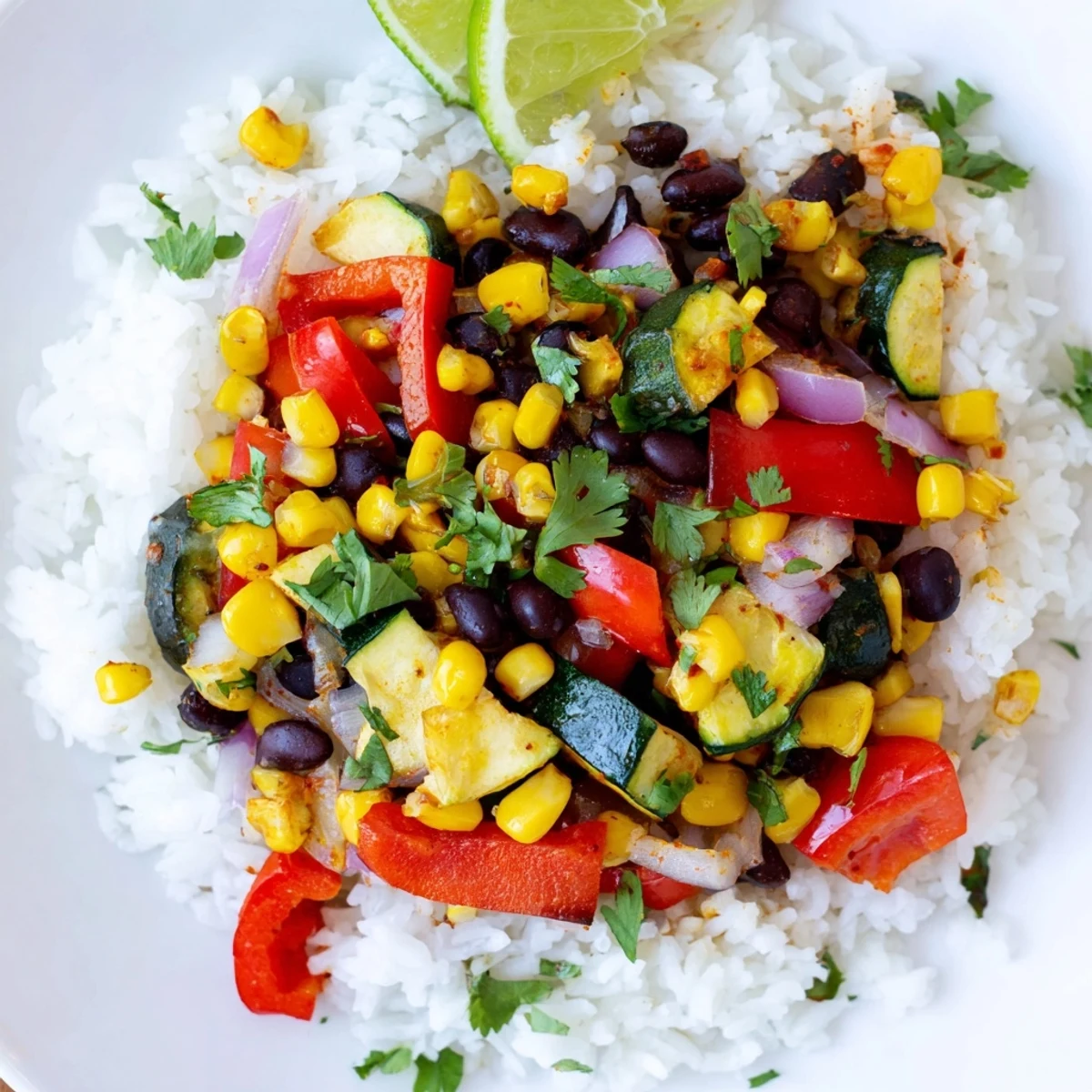 A close-up side angle of a hearty veggie rice bowl with Cajun spices, topped with lime wedges and creamy avocado slices for serving.