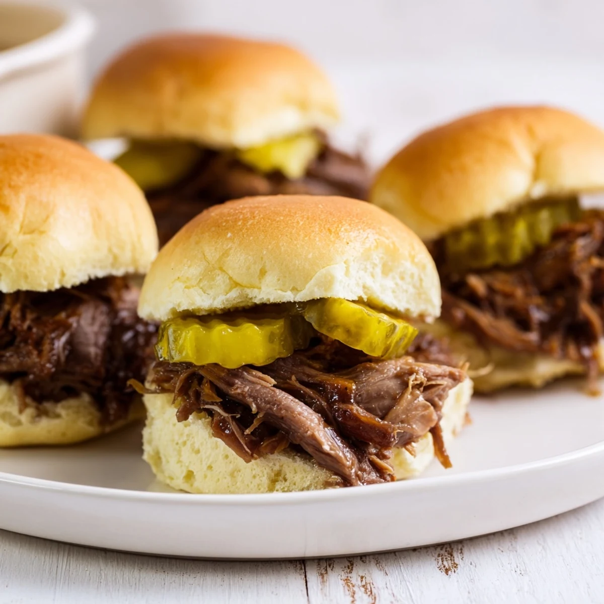 Slow-cooked pulled beef sliders piled high with tender shreds and tangy dill pickle slices on toasted buns.