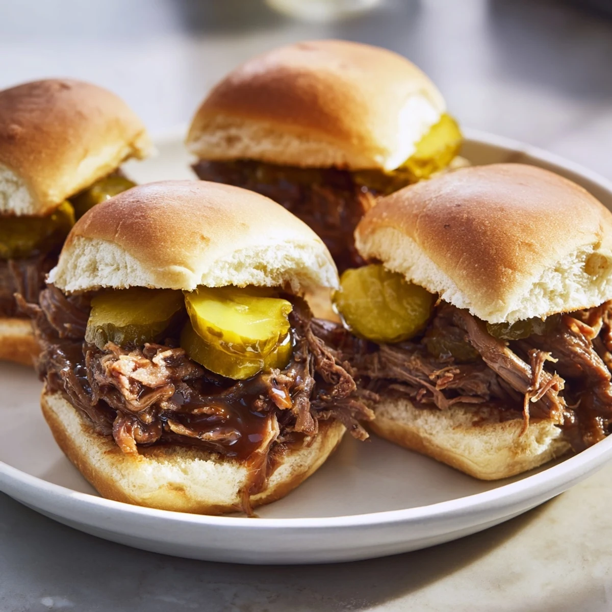 Golden slider buns brushed with butter hold juicy pulled beef and bright pickles for a classic American bite.