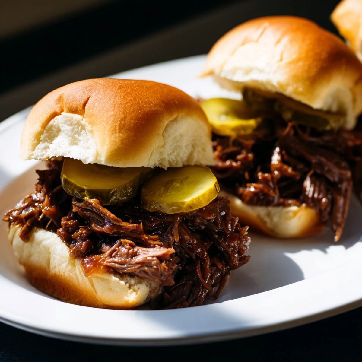 Savory pulled beef sliders with smoky barbecue notes, ready to serve warm with extra pickles on the side.