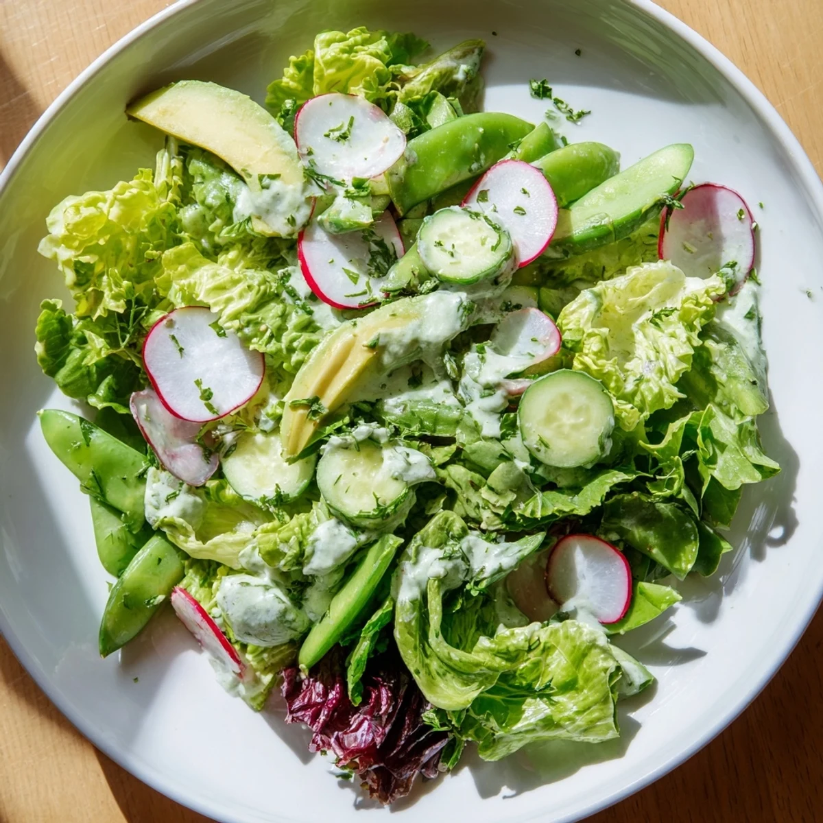 Vibrant mixed greens tossed with crisp cucumber, snap peas, and creamy avocado, all coated in a bright Green Goddess dressing.  