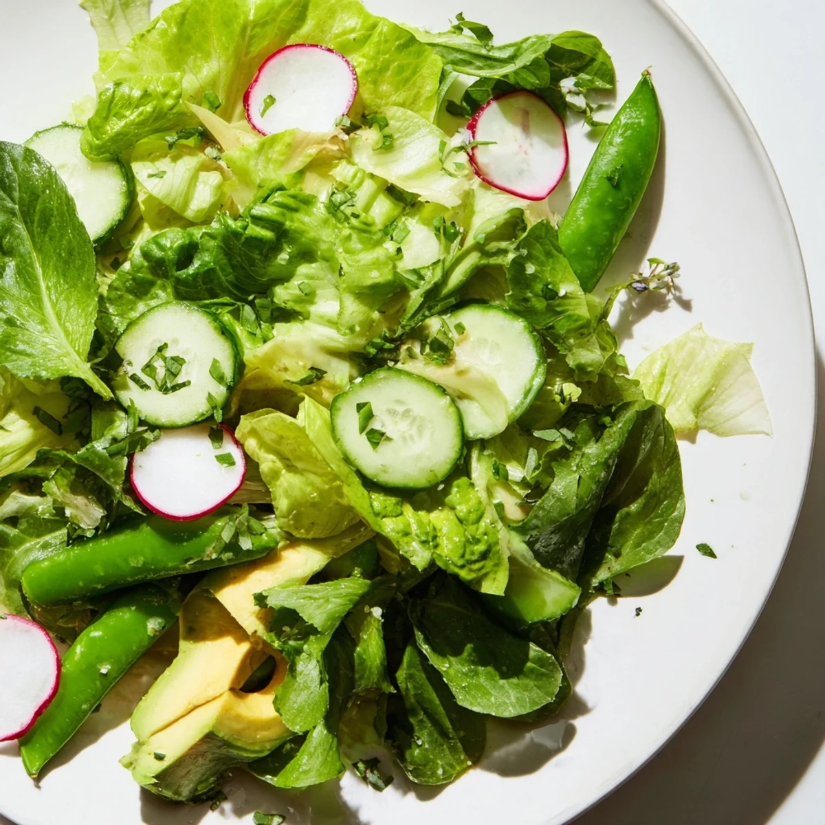 A large bowl of fresh Green Salad with Green Goddess Dressing, garnished with herbs and served as a light, nutritious meal.  