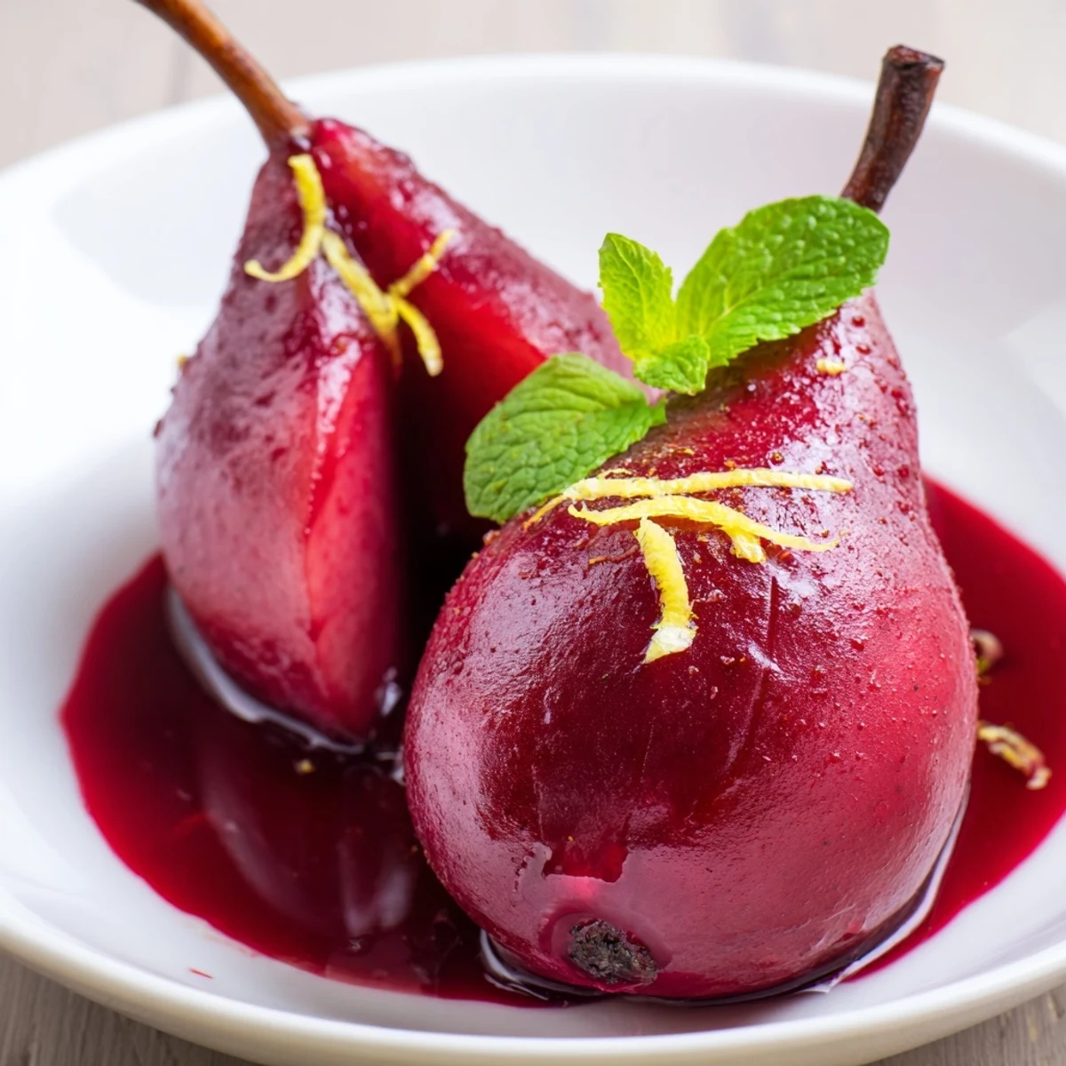 Poached Pears in Grape Juice glistens with a rich, purple syrup, garnished with fresh mint leaves on a rustic plate.