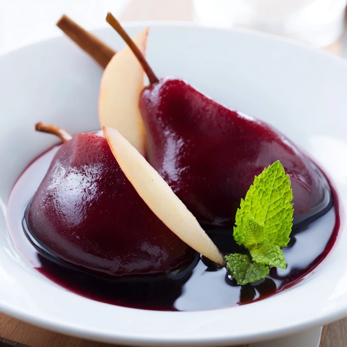 Tender pear halves are poached in spiced grape juice and served with a drizzle of syrup and creamy vanilla ice cream.