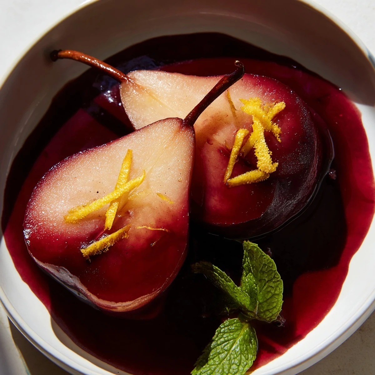 A close-up of delicate Poached Pears in Grape Juice, highlighting the soft texture and aromatic cinnamon stick in the sauce.