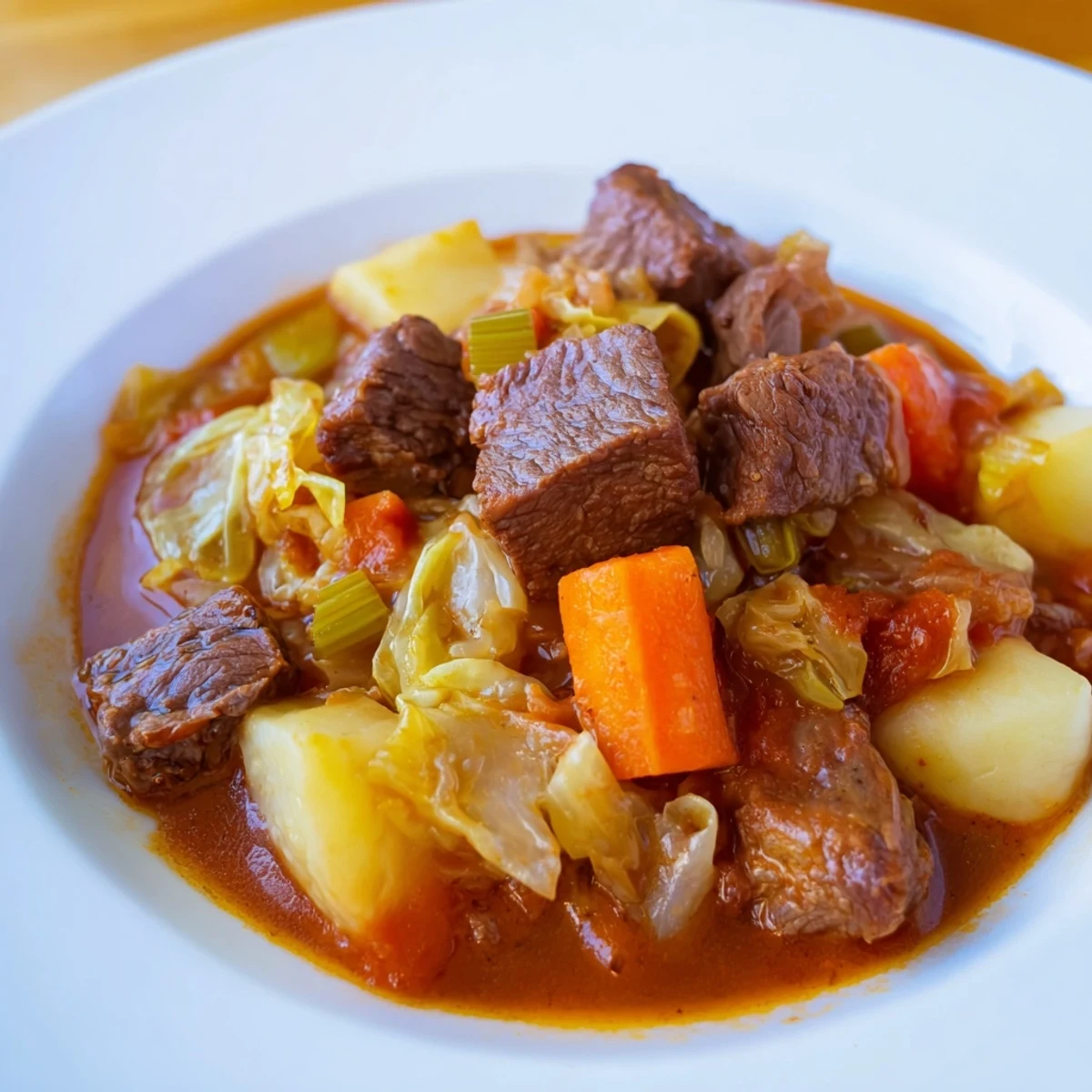 Steam rises from a ladle of rich Cabbage and Beef Soup with Potatoes, featuring tender chunks of beef and soft, sweet cabbage in a savory broth.