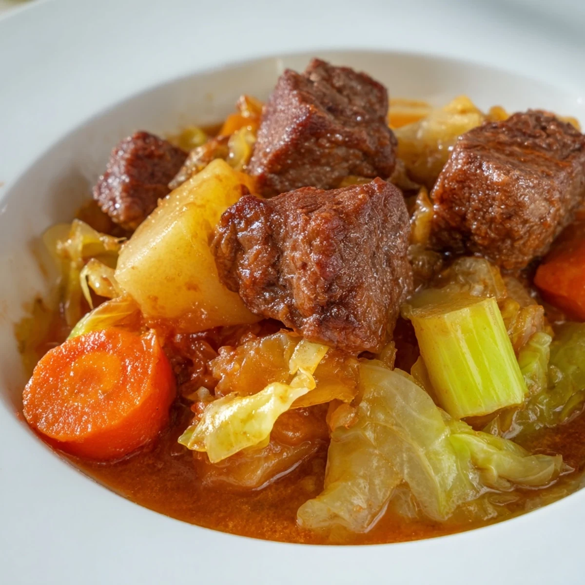 Close-up on hearty Cabbage and Beef Soup with Potatoes in a rustic bowl, garnished with fresh parsley and served alongside crusty bread.