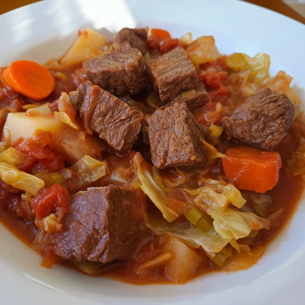 A comforting pot of Cabbage and Beef Soup with Potatoes simmers on the stove, filled with colorful carrots and potatoes in a tomato-based broth.