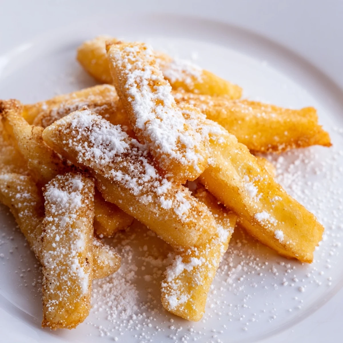 Golden-brown Beignet Fries piled high, dusted with snowy powdered sugar on a rustic plate.  