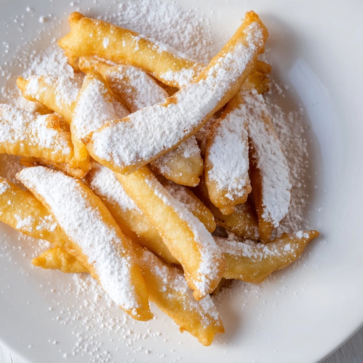 Platter of crispy Beignet Fries garnished with a light dusting of powdered sugar.