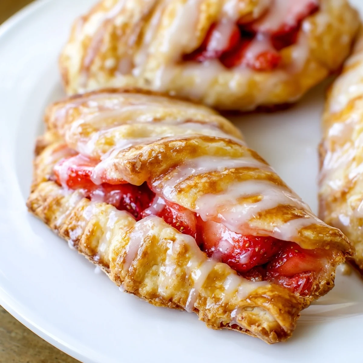 A close-up of golden-brown Strawberry Hand Pies with Glaze drizzled over the flaky, buttery crust and a glimpse of the sweet red filling inside.  