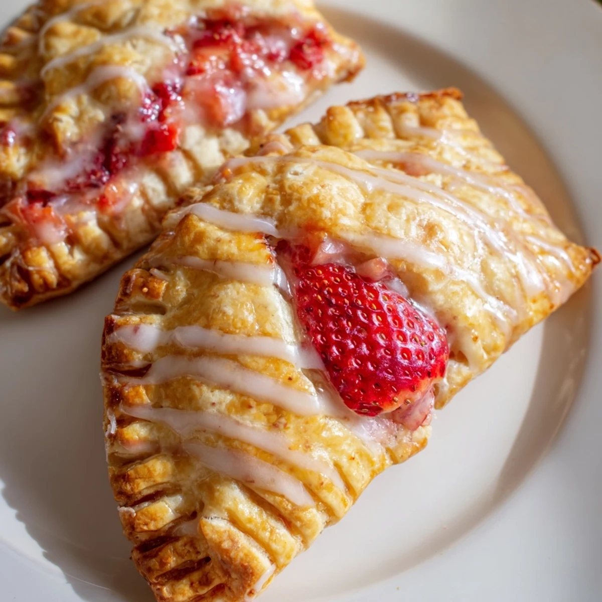 Freshly baked Strawberry Hand Pies with Glaze cooling on a wire rack, with a vanilla glaze dripping down the sides of the golden pastry.  
