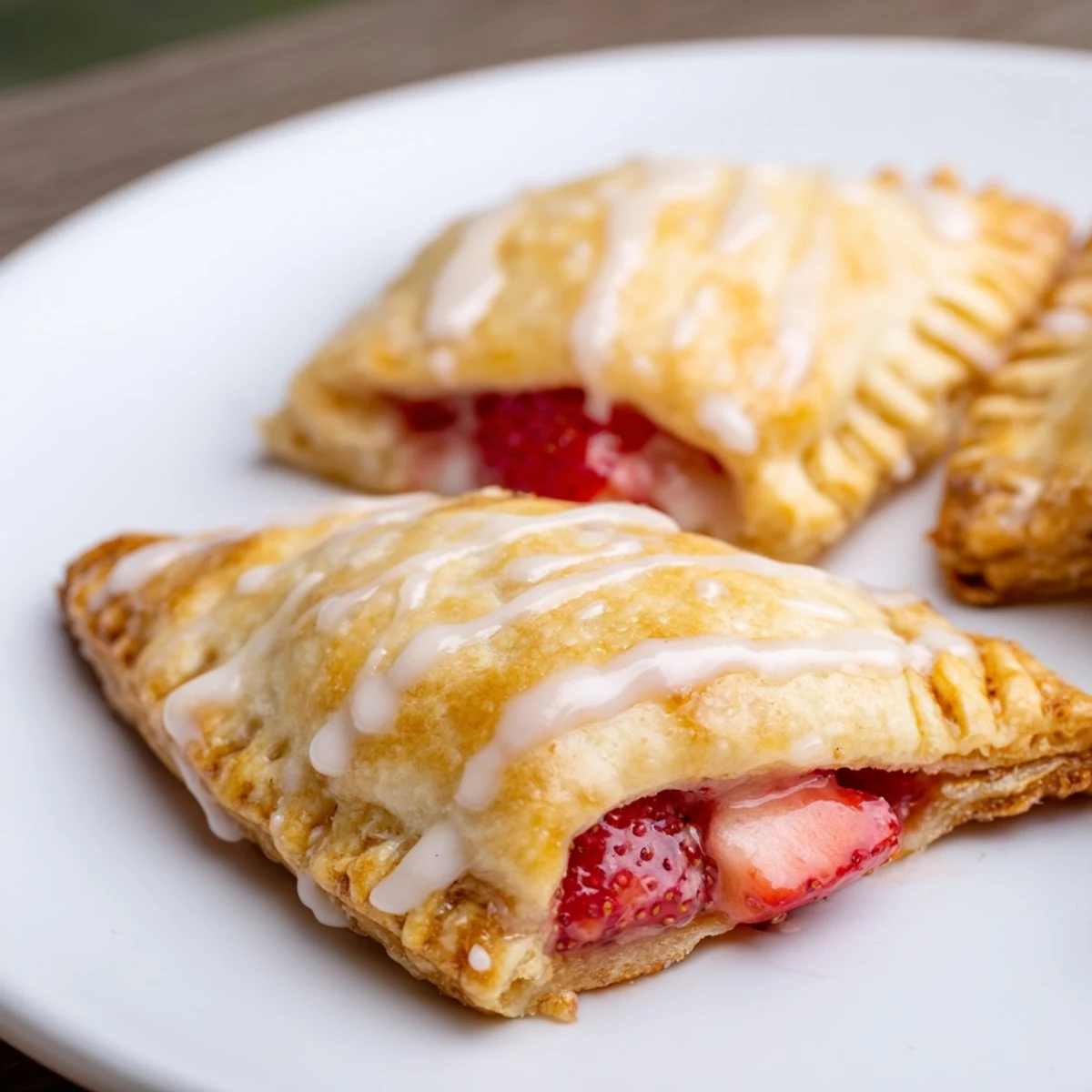 Homemade Strawberry Hand Pies with Glaze served on a rustic plate, showcasing the flaky crust and glossy vanilla drizzle on top.