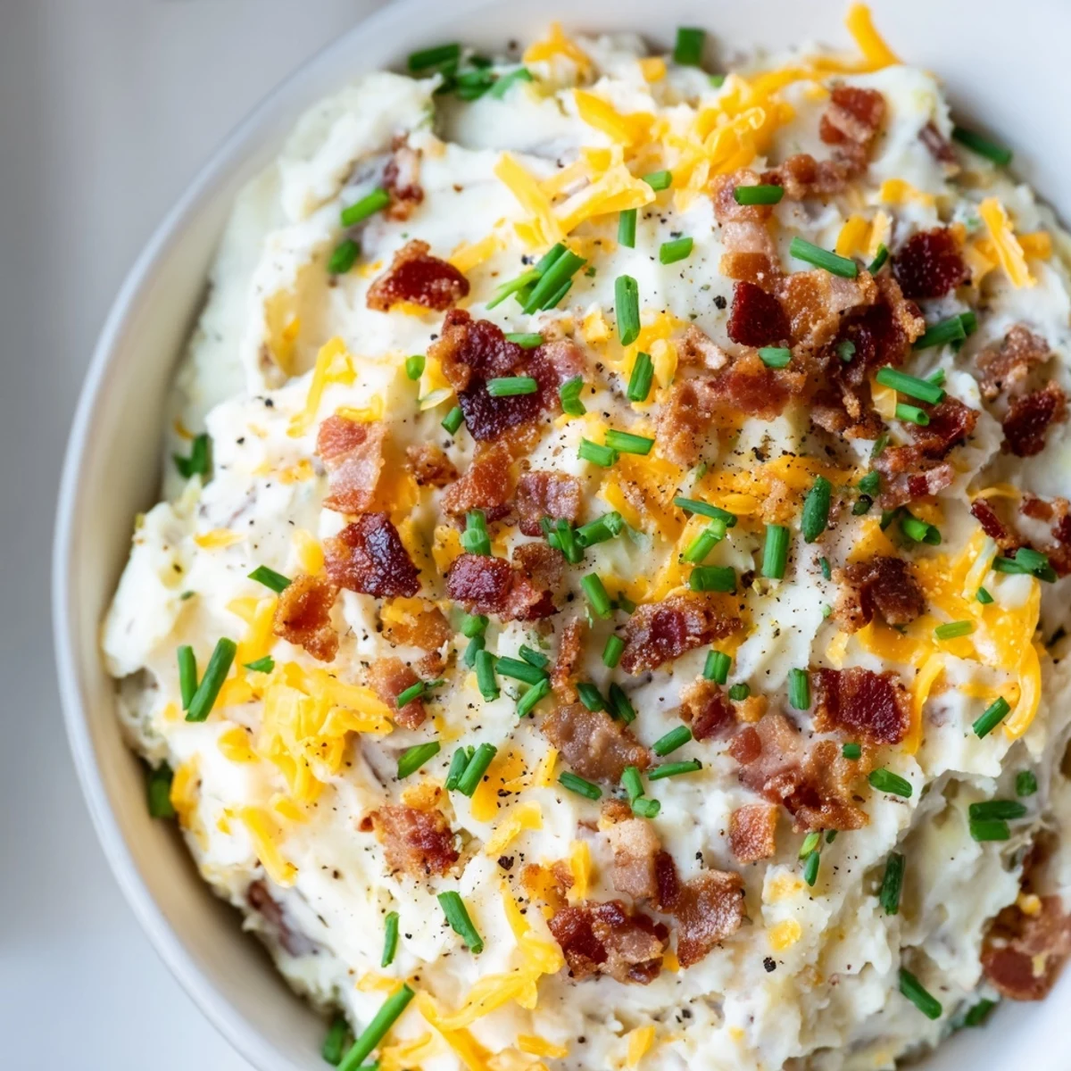 A bowl of Loaded Baked Potato Dip garnished with bacon and chives, served with crispy potato chips on a rustic wooden table.