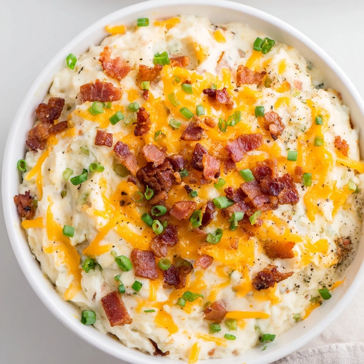 Close-up of creamy Loaded Baked Potato Dip with melted cheddar and bacon bits, ready for dipping with golden potato chips.