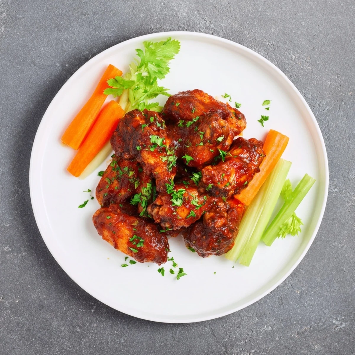 Golden brown, crispy wings tossed in smoky-sweet BBQ sauce, garnished with parsley on a serving platter.
