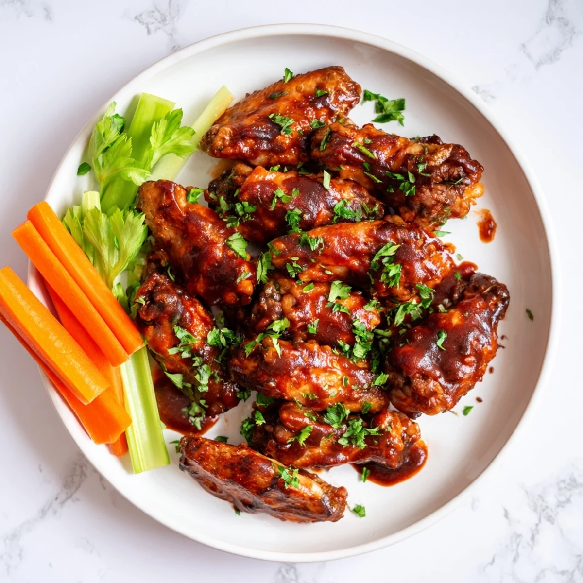 Close-up of a BBQ Chicken Wing Platter, glistening with glaze and served on a rustic wooden board.