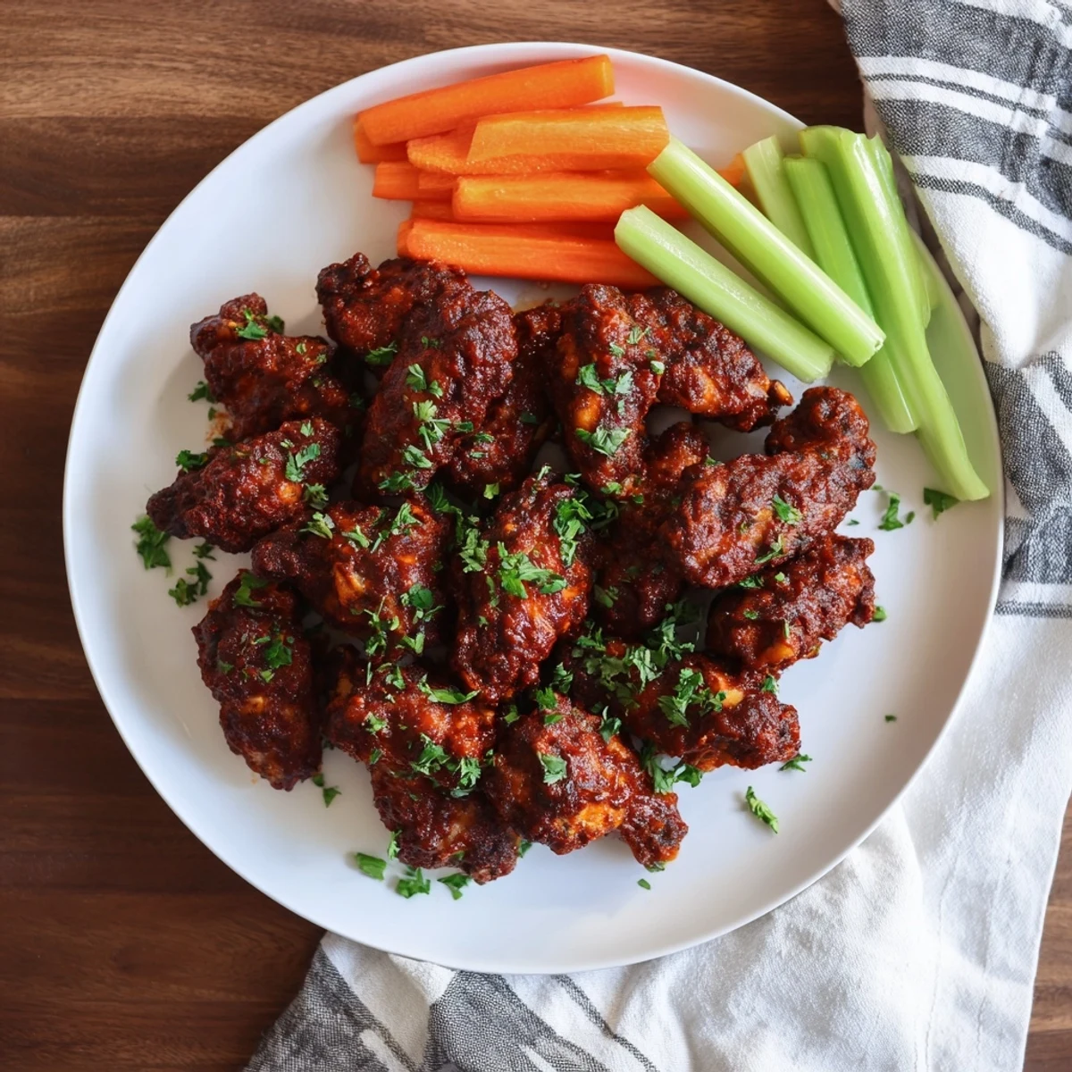 Fresh celery and carrot sticks accompany the saucy Chicken Wing Platter, perfect for a game day spread.