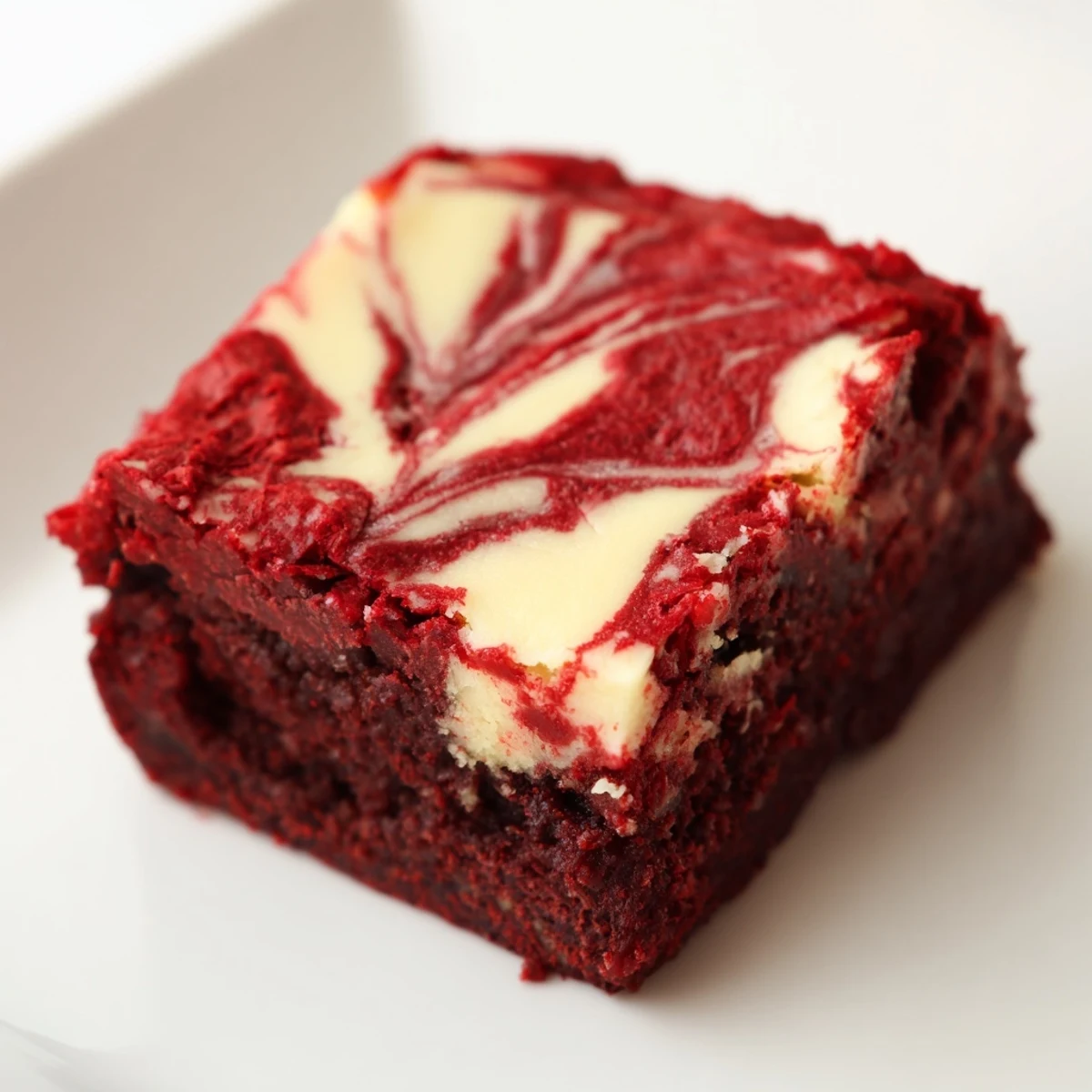 Fudgy Red Velvet Brownies with Cheesecake Swirl baked in a pan, showing marbled red and white layers.