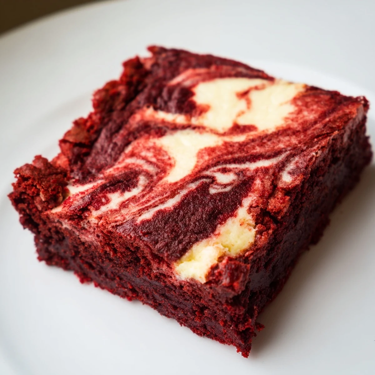 Stacked Red Velvet Brownies with Cheesecake Swirl, revealing a moist crumb and glossy, ruby-red swirls.