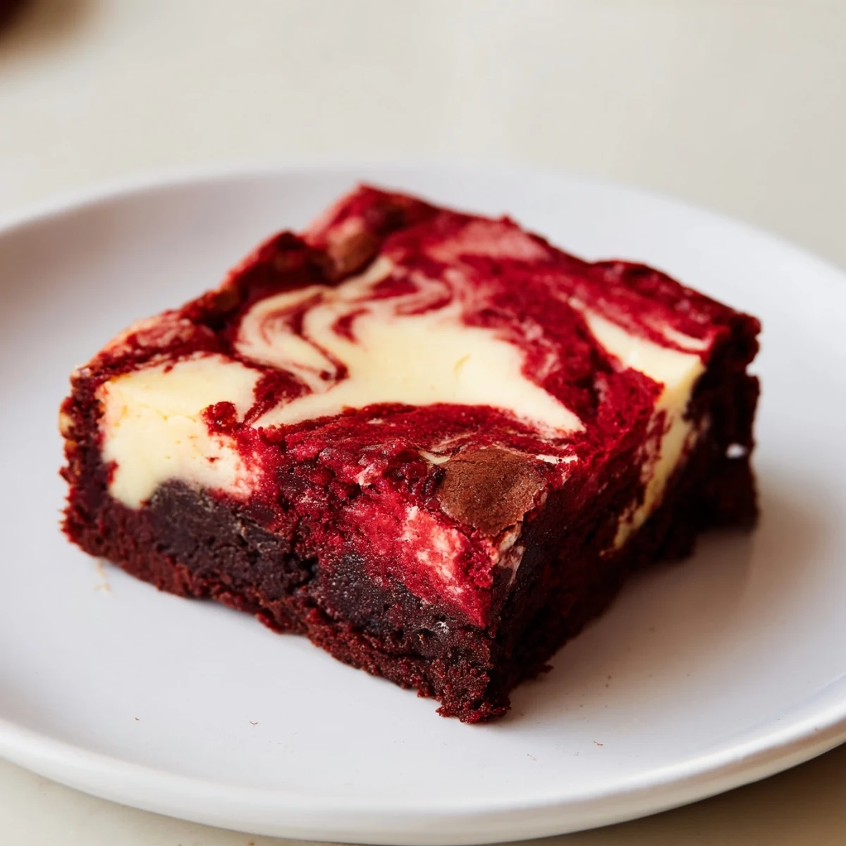A close-up of Red Velvet Brownies with Cheesecake Swirl on a plate, next to fresh berries and vanilla ice cream.